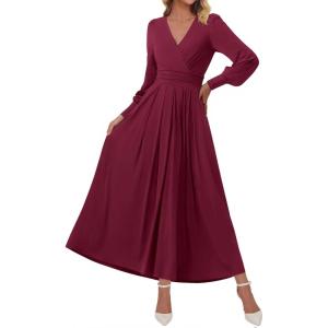 BTFBM Womens Long Sleeve Maxi Dress Fall 2025 Casual V Neck Knit A Line Flowy Pockets Elegant Party Wedding Guest Dresses(Burgundy)