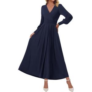 BTFBM Womens Long Sleeve Maxi Dress Fall 2025 Casual V Neck Knit A Line Flowy Pockets Elegant Party Wedding Guest Dresses(Navy)