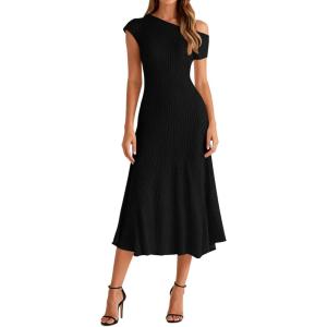 BTFBM Womens Spring Dresses 2026 Asymmetrical Neck Short Sleeve Pleated Swing Knit Midi Dress Business Casual(Black)
