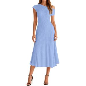 BTFBM Womens Spring Dresses 2026 Asymmetrical Neck Short Sleeve Pleated Swing Knit Midi Dress Business Casual(Light Blue)