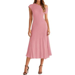 BTFBM Womens Spring Dresses 2026 Asymmetrical Neck Short Sleeve Pleated Swing Knit Midi Dress Business Casual(Pink)