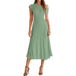 BTFBM Womens Spring Dresses 2026 Asymmetrical Neck Short Sleeve Pleated Swing Knit Midi Dress Business Casual(Sage Green)