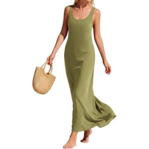 BTFBM Womens Summer Tank Dress 2026 Sleeveless Scoop Neck Boho Sundress Satin Loose Flowy Party Beach Dresses(Army Green)