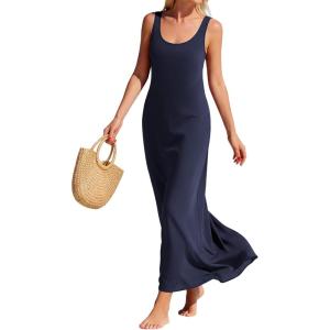 BTFBM Womens Summer Tank Dress 2026 Sleeveless Scoop Neck Boho Sundress Satin Loose Flowy Party Beach Dresses(Navy Blue)