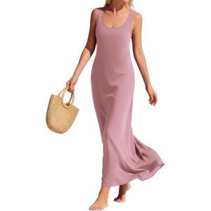 BTFBM Womens Summer Tank Dress 2026 Sleeveless Scoop Neck Boho Sundress Satin Loose Flowy Party Beach Dresses(Pink)