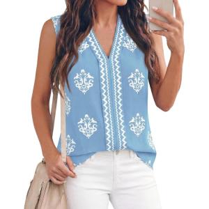 BTFBM Womens Tank Tops Floral Printed V Neck Sleeveless Spring 2026 Business Work Dressy Casual Shirts Chiffon Blouses(Light Blue)