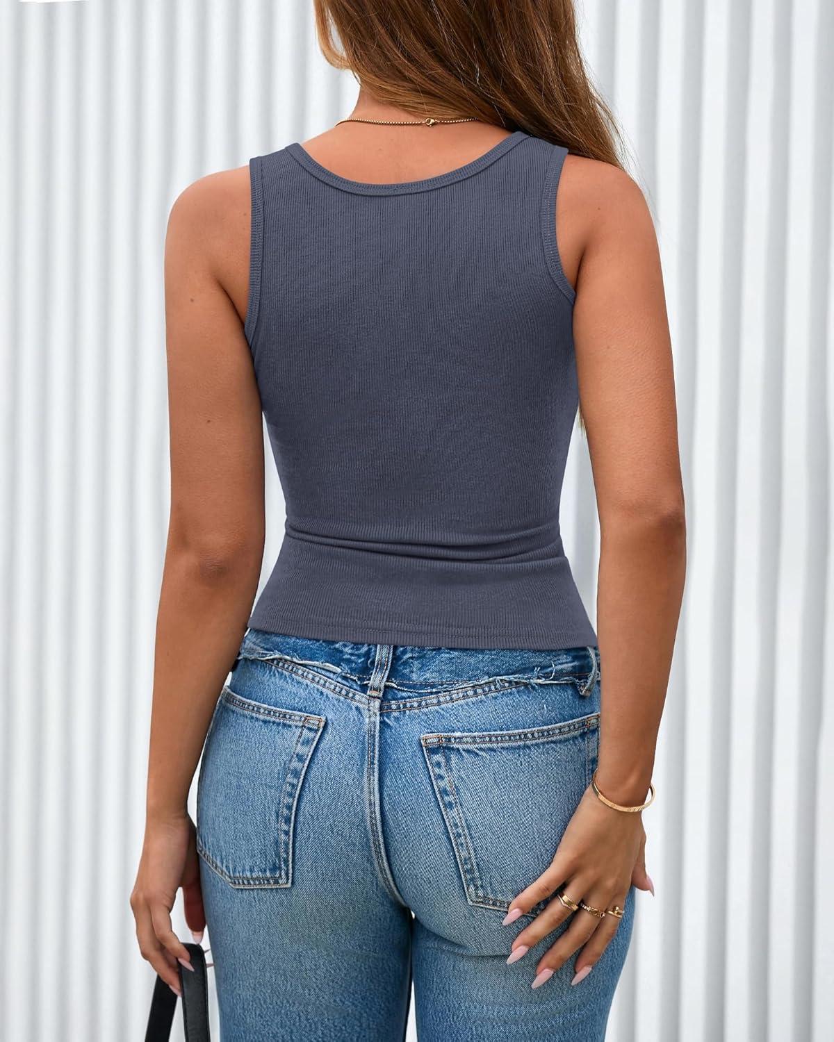 imageBTFBM 2026 Spring Tops for Women Summer Scoop Neck Ribbed Henley Button Sleeveless Casual Basic Tank Top Clothes OutfitsGrey Blue