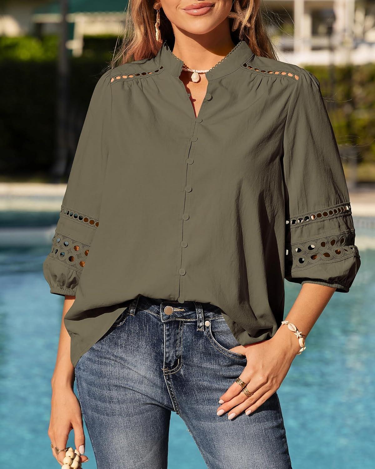imageBTFBM 34 Length Sleeve Womens Tops Summer Blouses Eyelet Hollow Out Button Down Shirts Business Casual Outfits 2026Army Green