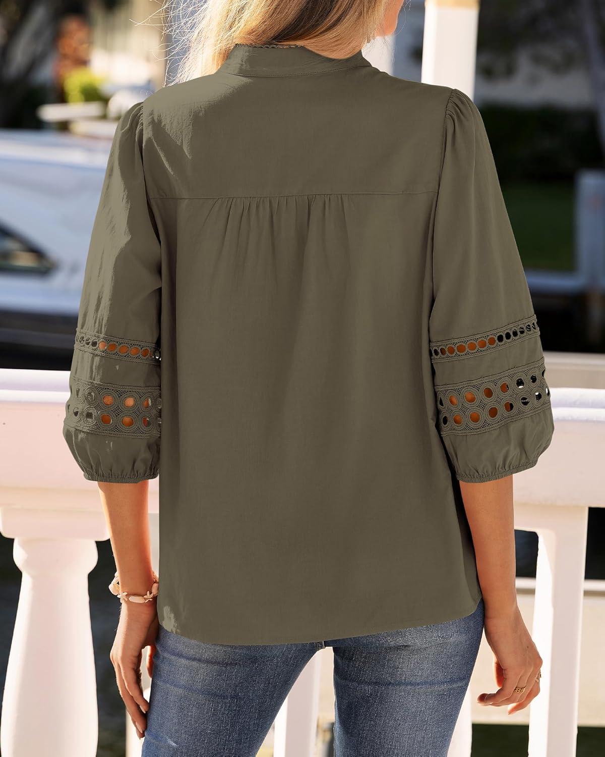 imageBTFBM 34 Length Sleeve Womens Tops Summer Blouses Eyelet Hollow Out Button Down Shirts Business Casual Outfits 2026Army Green