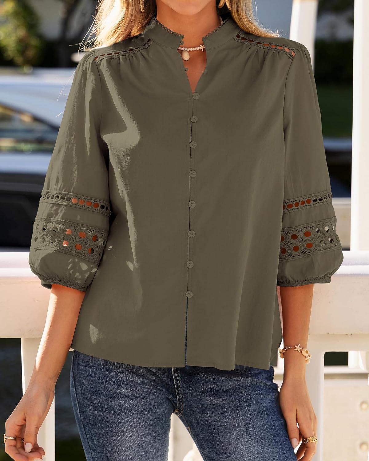 imageBTFBM 34 Length Sleeve Womens Tops Summer Blouses Eyelet Hollow Out Button Down Shirts Business Casual Outfits 2026Army Green