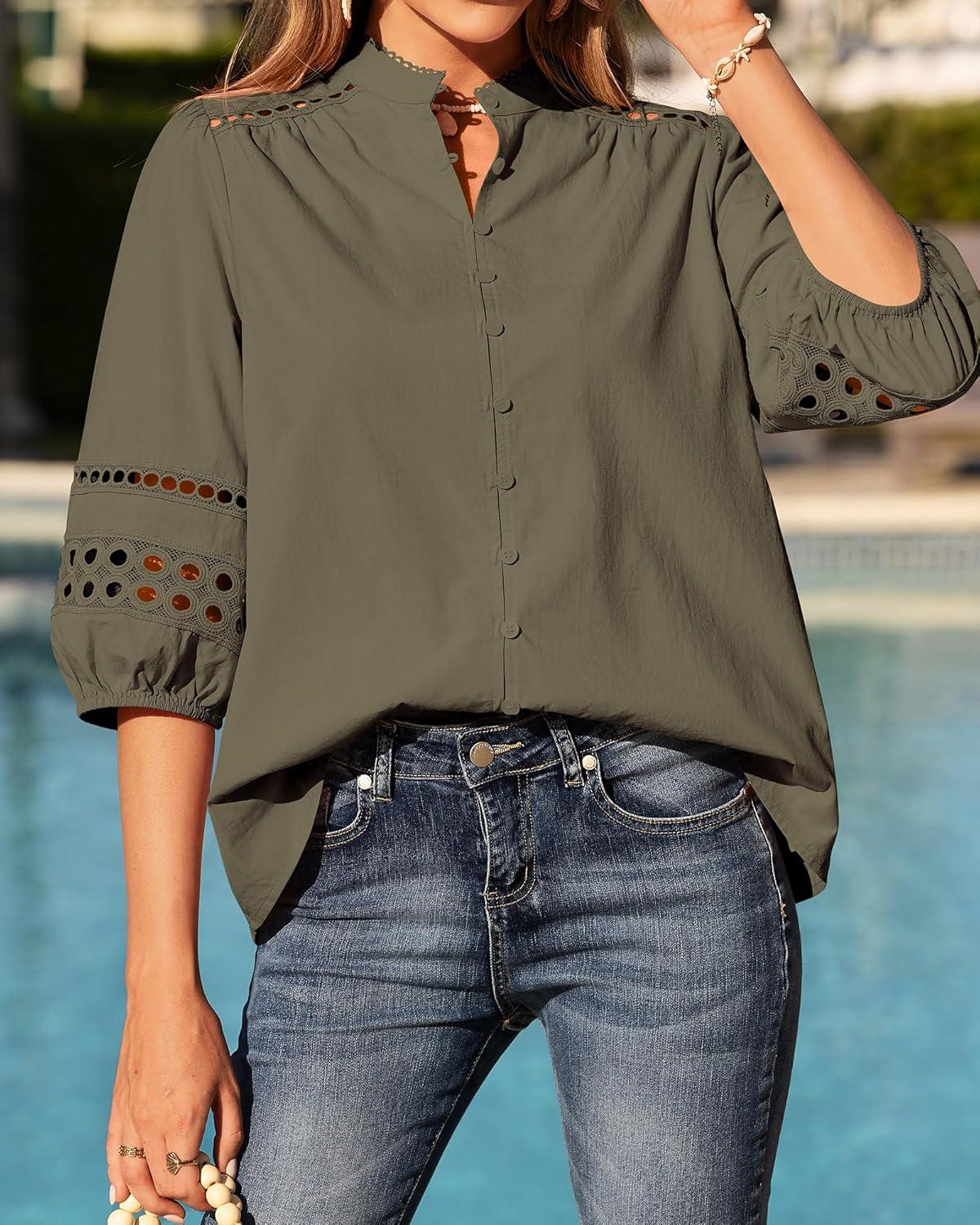 imageBTFBM 34 Length Sleeve Womens Tops Summer Blouses Eyelet Hollow Out Button Down Shirts Business Casual Outfits 2026Army Green