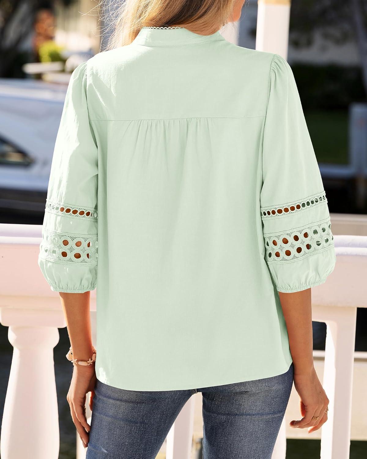 imageBTFBM 34 Length Sleeve Womens Tops Summer Blouses Eyelet Hollow Out Button Down Shirts Business Casual Outfits 2026Bean Green