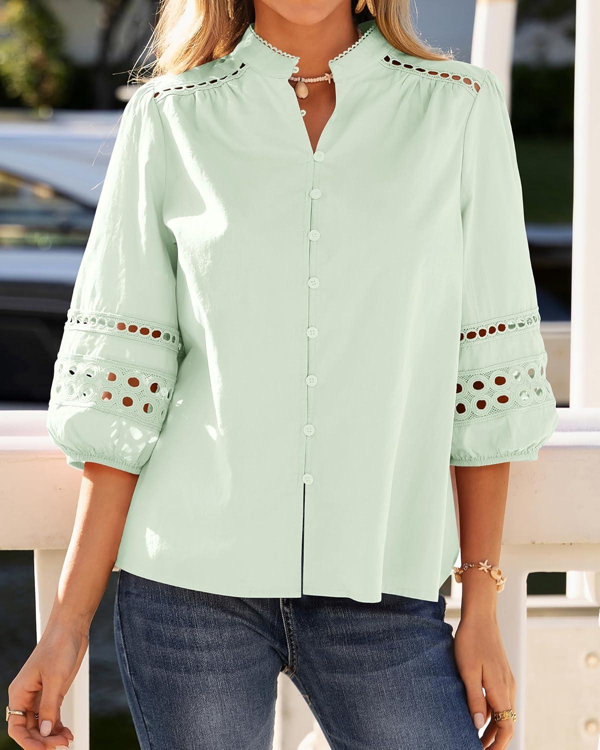 imageBTFBM 34 Length Sleeve Womens Tops Summer Blouses Eyelet Hollow Out Button Down Shirts Business Casual Outfits 2026Bean Green