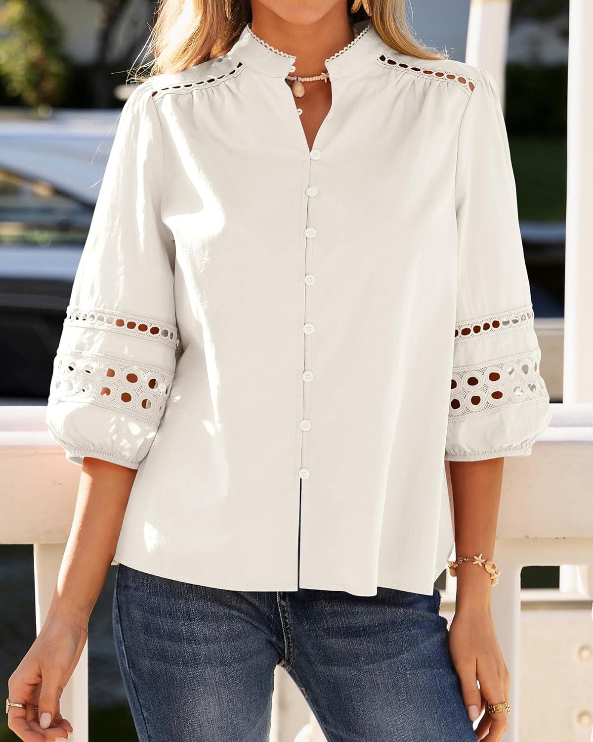 imageBTFBM 34 Length Sleeve Womens Tops Summer Blouses Eyelet Hollow Out Button Down Shirts Business Casual Outfits 2026Beige