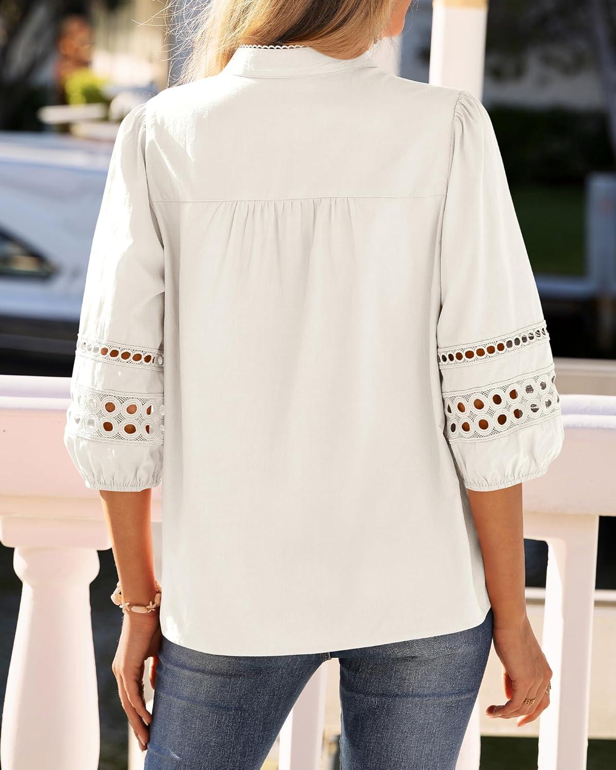 imageBTFBM 34 Length Sleeve Womens Tops Summer Blouses Eyelet Hollow Out Button Down Shirts Business Casual Outfits 2026Beige