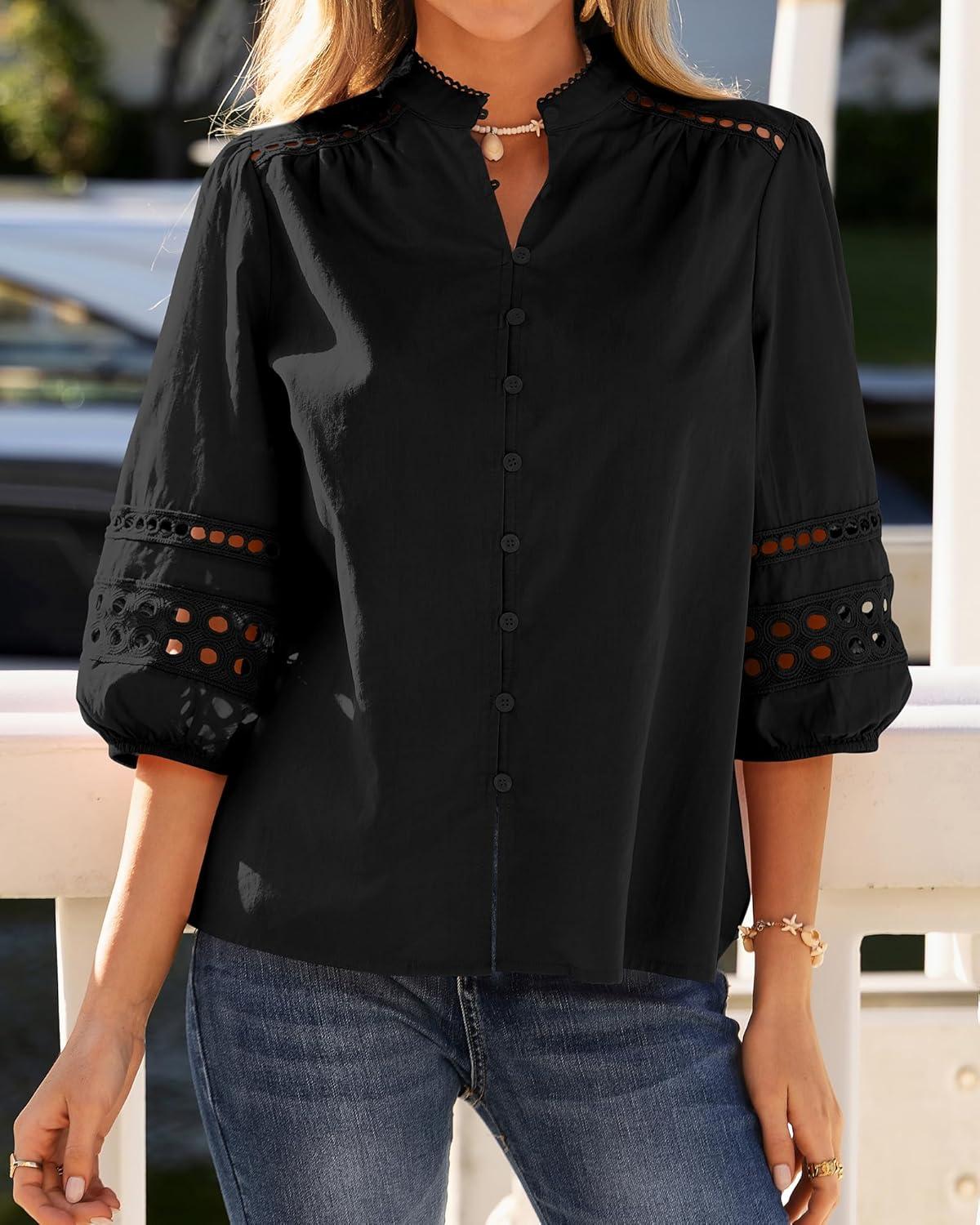 imageBTFBM 34 Length Sleeve Womens Tops Summer Blouses Eyelet Hollow Out Button Down Shirts Business Casual Outfits 2026Black