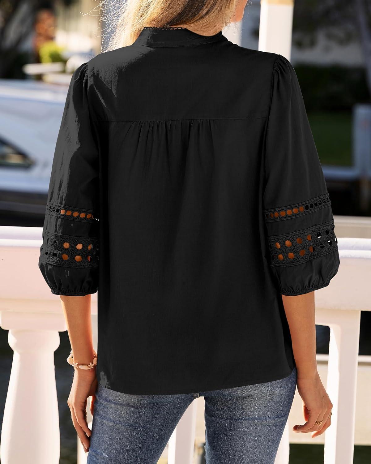 imageBTFBM 34 Length Sleeve Womens Tops Summer Blouses Eyelet Hollow Out Button Down Shirts Business Casual Outfits 2026Black