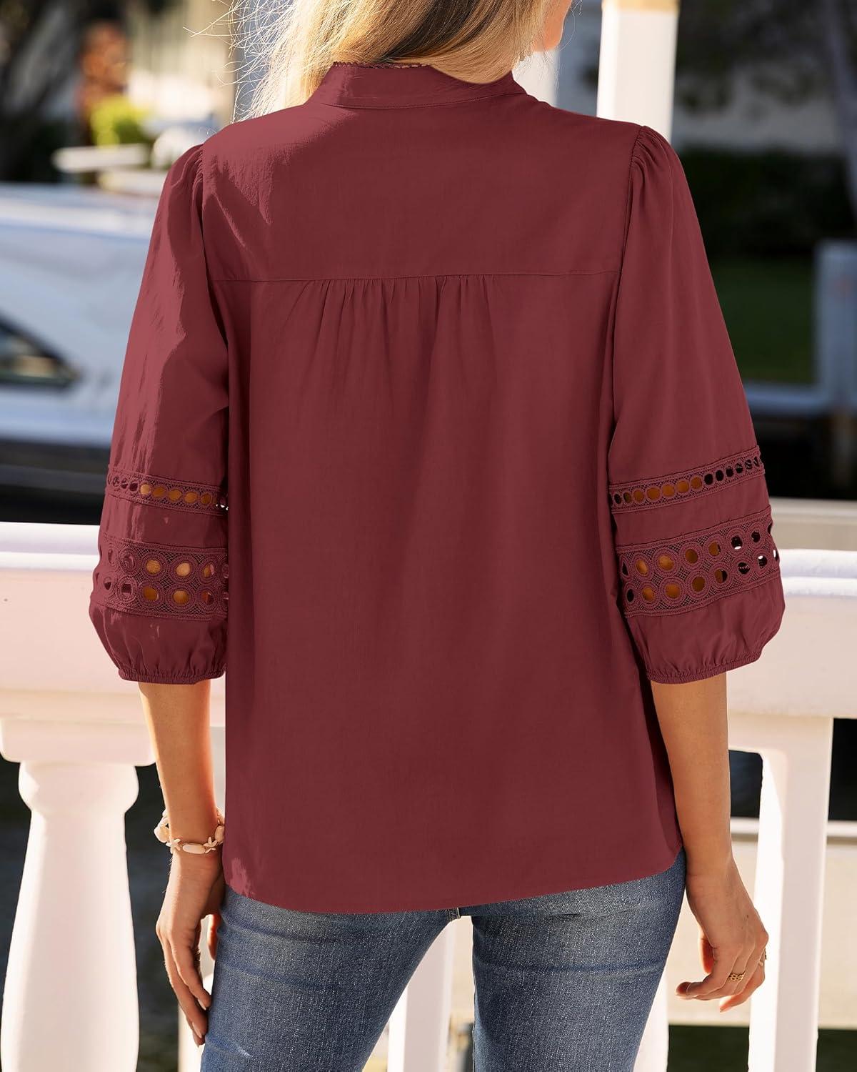 imageBTFBM 34 Length Sleeve Womens Tops Summer Blouses Eyelet Hollow Out Button Down Shirts Business Casual Outfits 2026Jujube Red