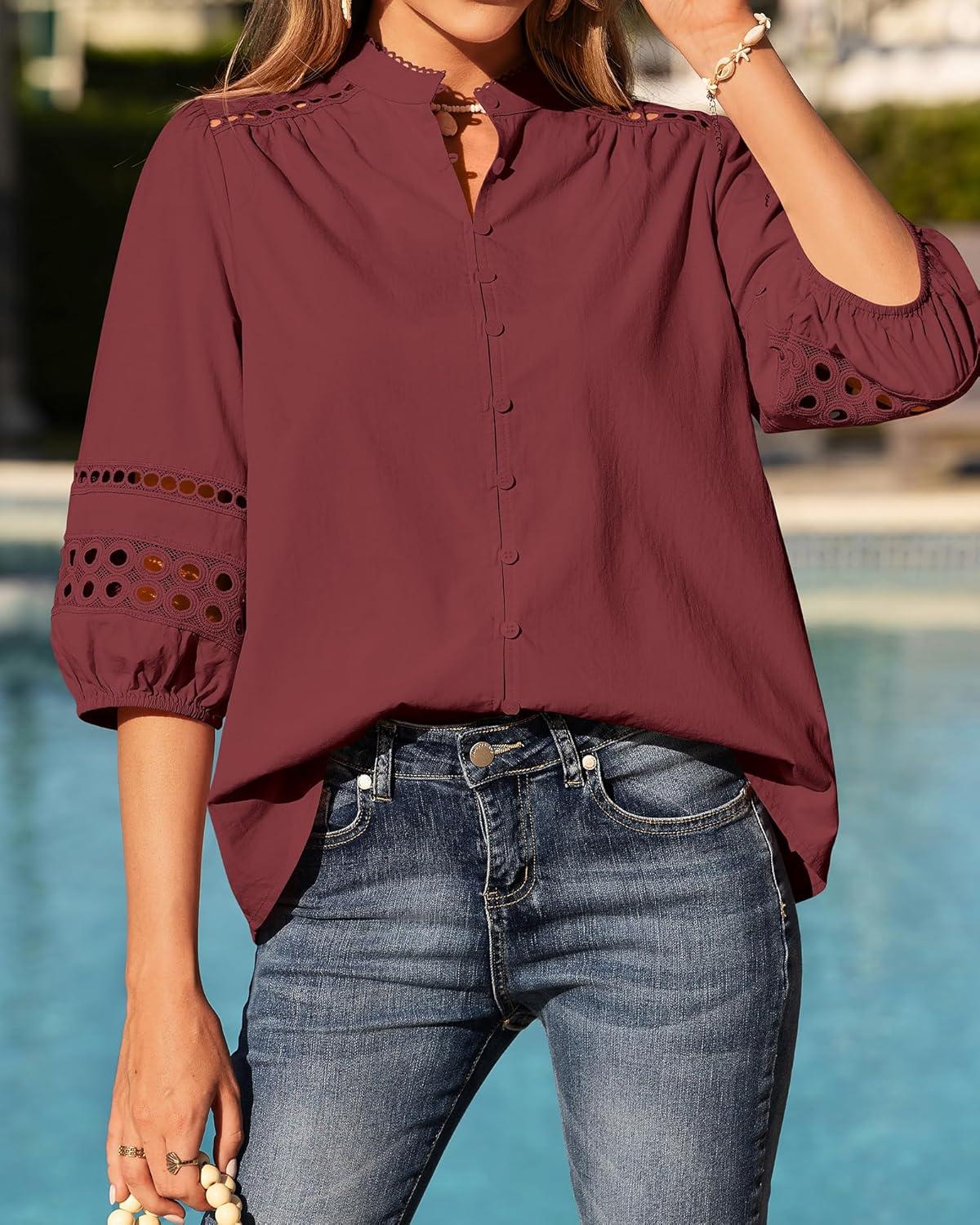 imageBTFBM 34 Length Sleeve Womens Tops Summer Blouses Eyelet Hollow Out Button Down Shirts Business Casual Outfits 2026Jujube Red
