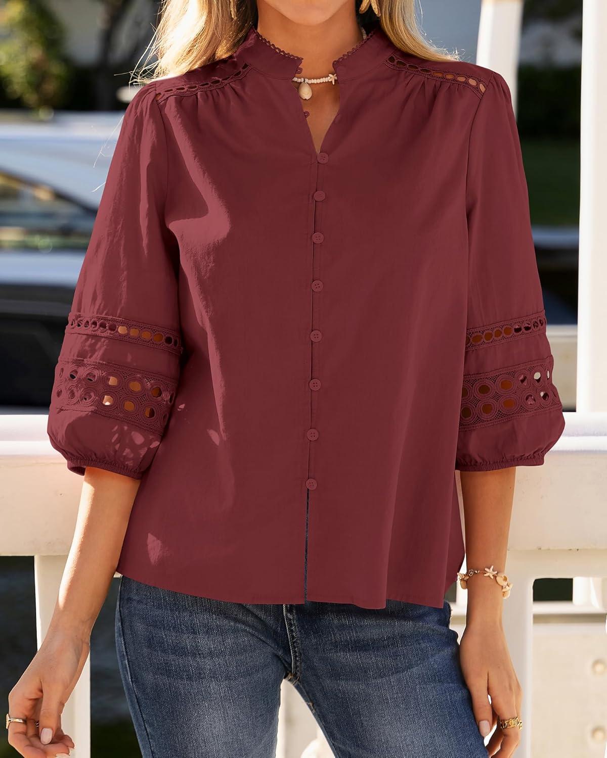 imageBTFBM 34 Length Sleeve Womens Tops Summer Blouses Eyelet Hollow Out Button Down Shirts Business Casual Outfits 2026Jujube Red