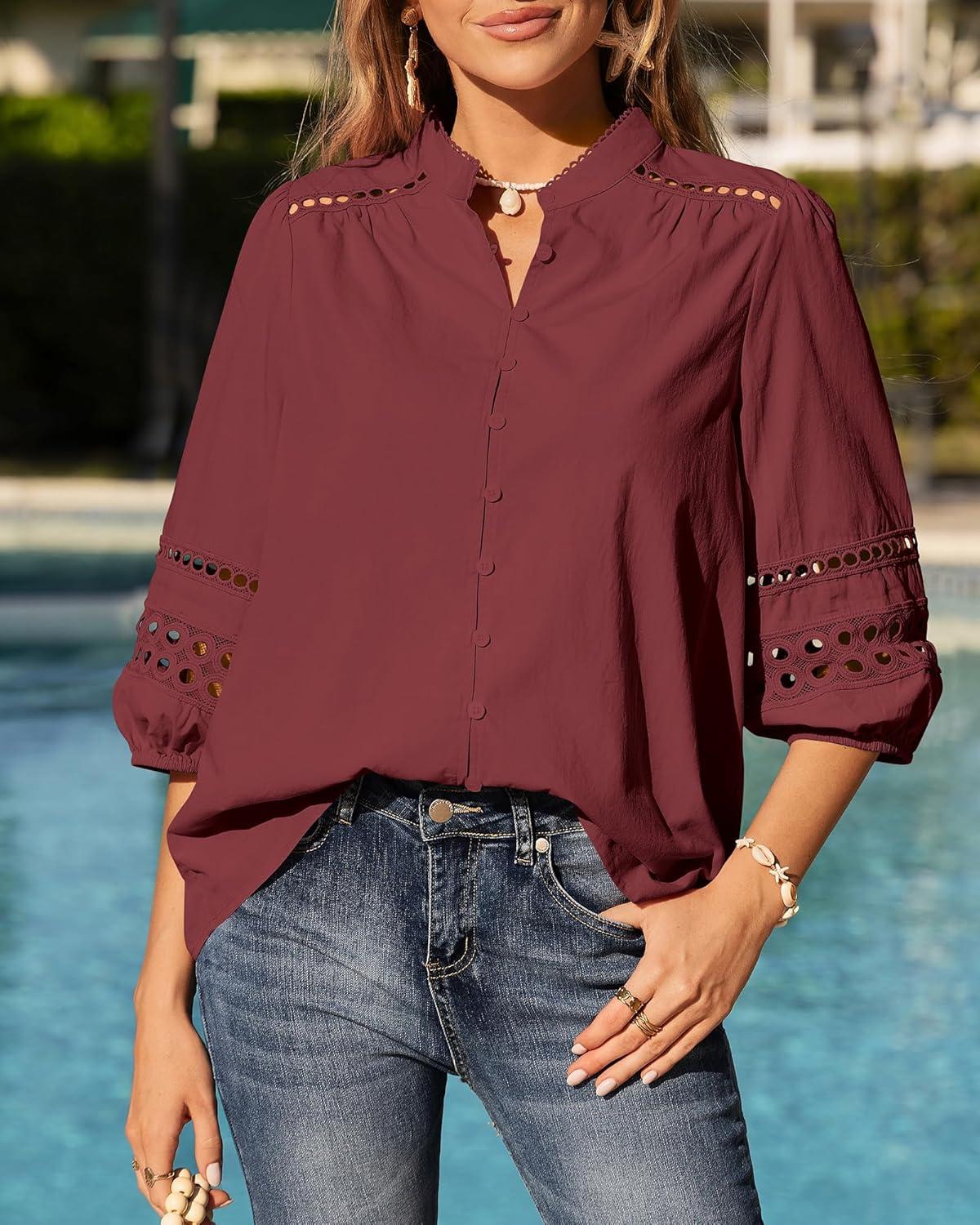 imageBTFBM 34 Length Sleeve Womens Tops Summer Blouses Eyelet Hollow Out Button Down Shirts Business Casual Outfits 2026Jujube Red