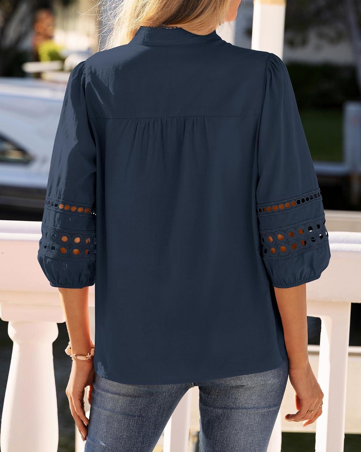 imageBTFBM 34 Length Sleeve Womens Tops Summer Blouses Eyelet Hollow Out Button Down Shirts Business Casual Outfits 2026Navy