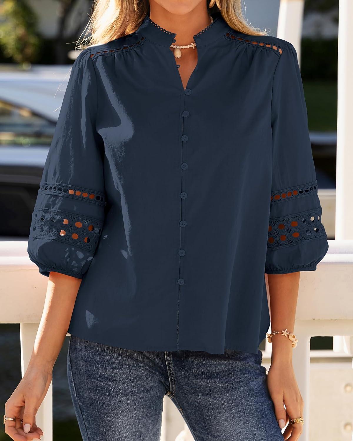 imageBTFBM 34 Length Sleeve Womens Tops Summer Blouses Eyelet Hollow Out Button Down Shirts Business Casual Outfits 2026Navy