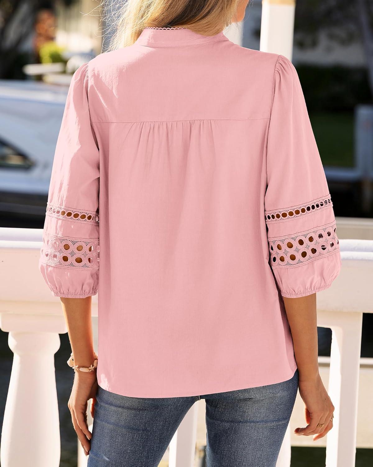 imageBTFBM 34 Length Sleeve Womens Tops Summer Blouses Eyelet Hollow Out Button Down Shirts Business Casual Outfits 2026Pink