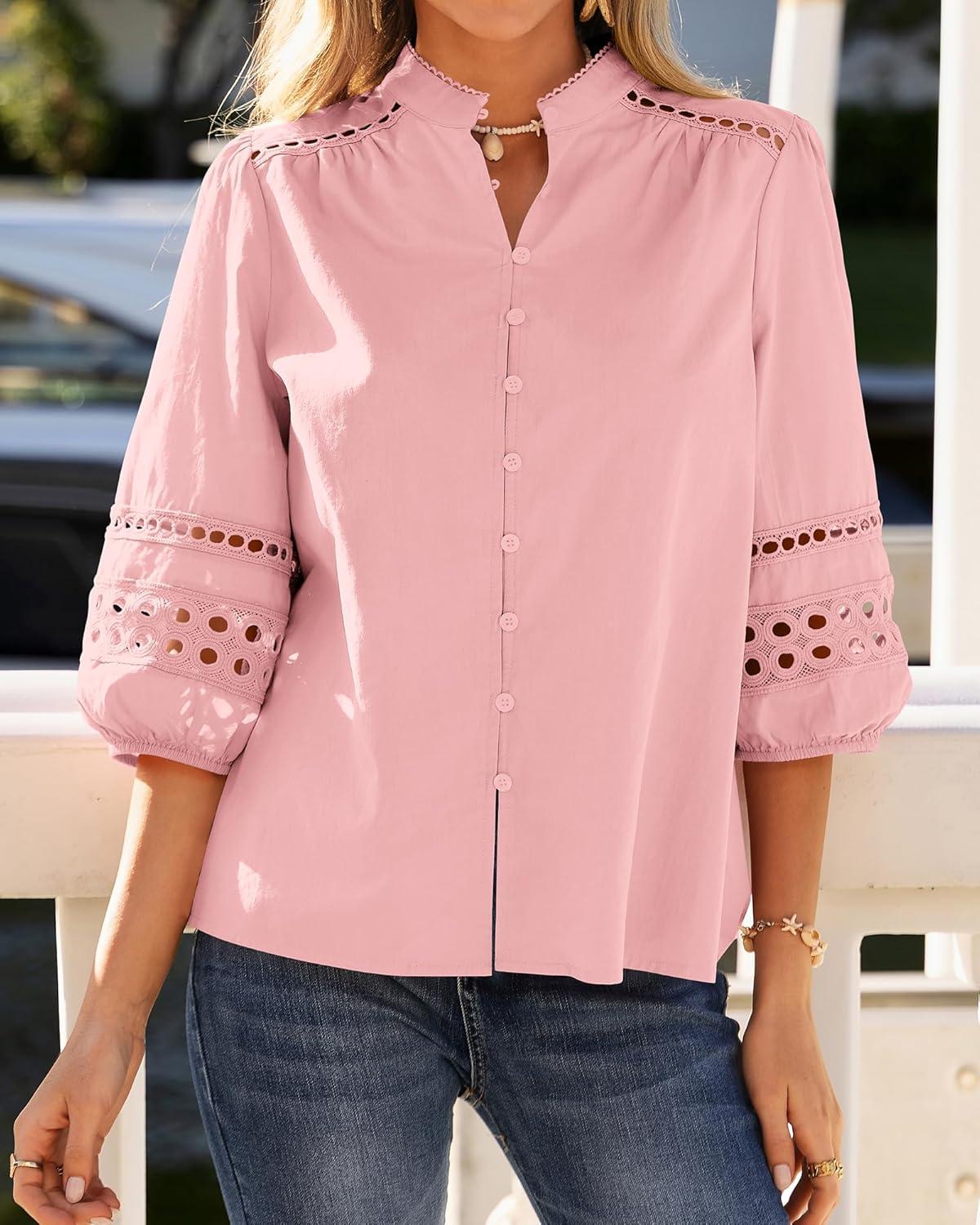 imageBTFBM 34 Length Sleeve Womens Tops Summer Blouses Eyelet Hollow Out Button Down Shirts Business Casual Outfits 2026Pink