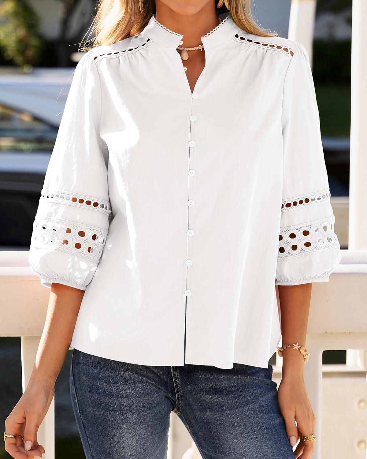 imageBTFBM 34 Length Sleeve Womens Tops Summer Blouses Eyelet Hollow Out Button Down Shirts Business Casual Outfits 2026White