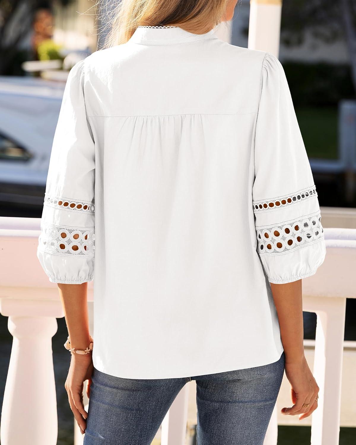 imageBTFBM 34 Length Sleeve Womens Tops Summer Blouses Eyelet Hollow Out Button Down Shirts Business Casual Outfits 2026White