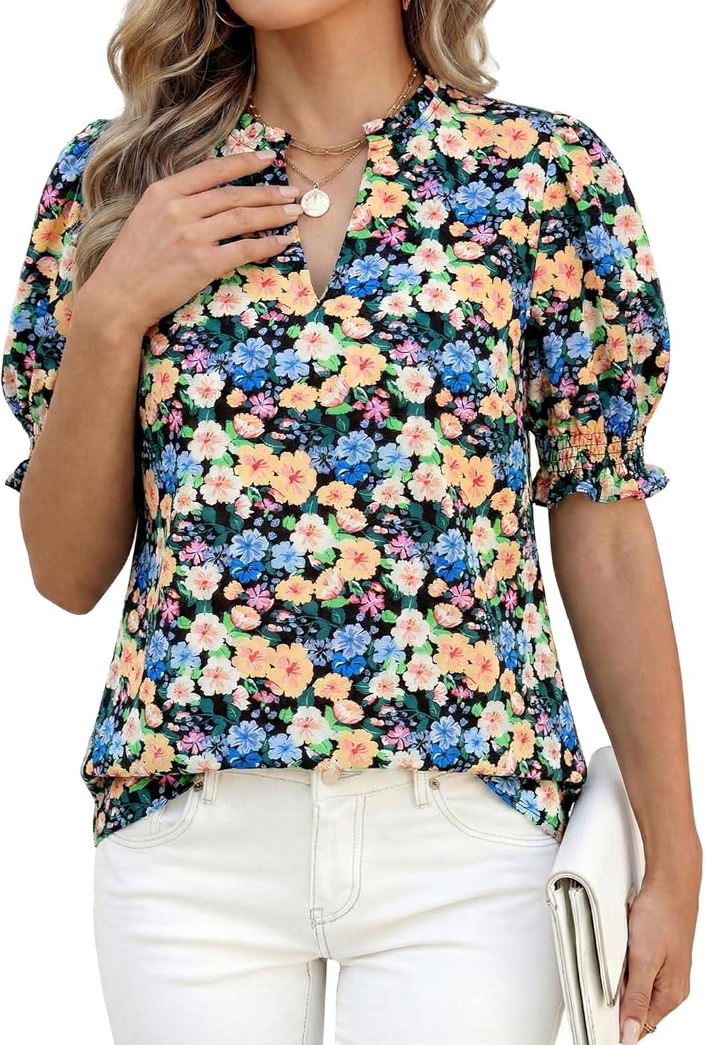 imageBTFBM Summer Blouses for Women Dressy Casual 2026 Fashion Spring Tops Floral Boho V Neck Puff Short Sleeve Top ShirtsFloral Black Apricot