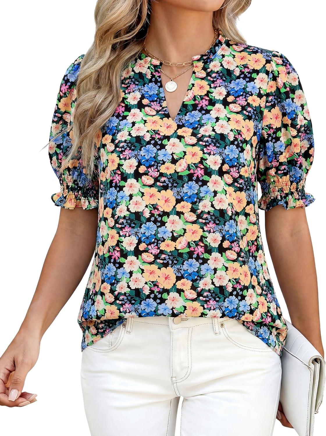 imageBTFBM Summer Blouses for Women Dressy Casual 2026 Fashion Spring Tops Floral Boho V Neck Puff Short Sleeve Top ShirtsFloral Black Apricot