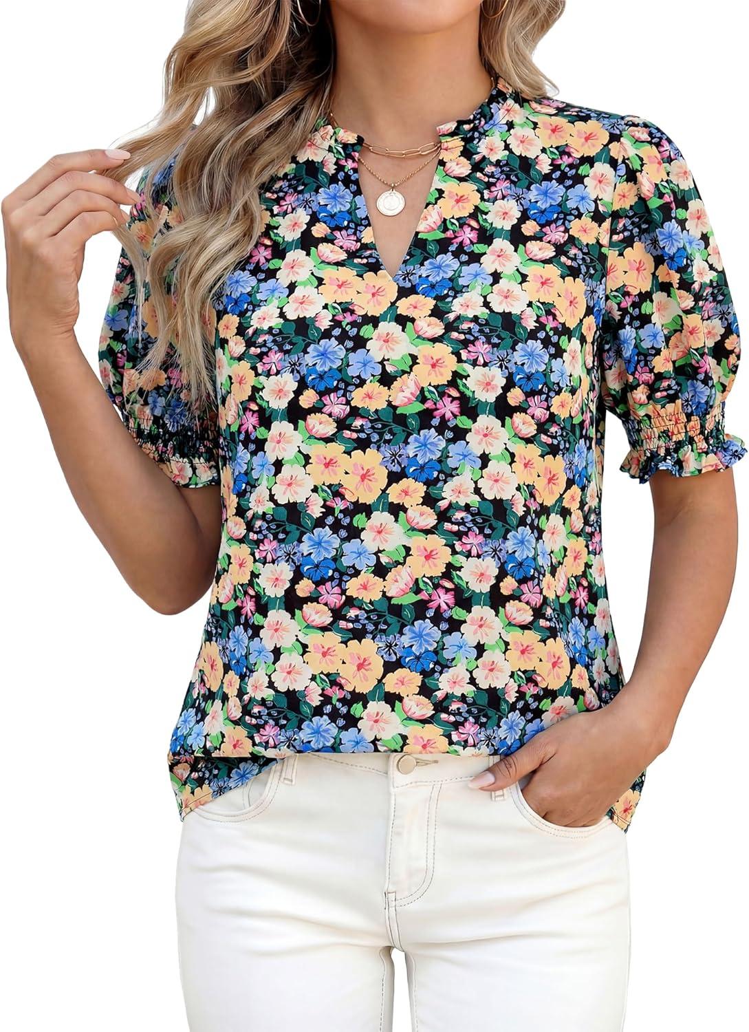 imageBTFBM Summer Blouses for Women Dressy Casual 2026 Fashion Spring Tops Floral Boho V Neck Puff Short Sleeve Top ShirtsFloral Black Apricot