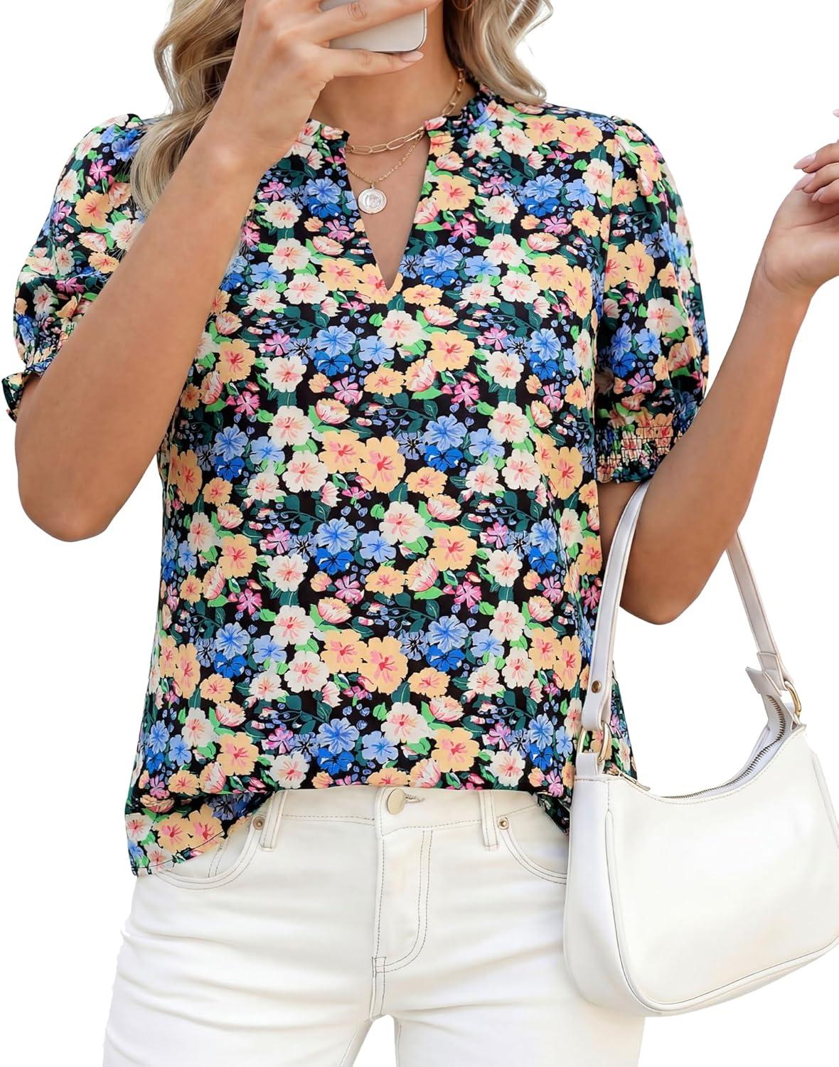 imageBTFBM Summer Blouses for Women Dressy Casual 2026 Fashion Spring Tops Floral Boho V Neck Puff Short Sleeve Top ShirtsFloral Black Apricot