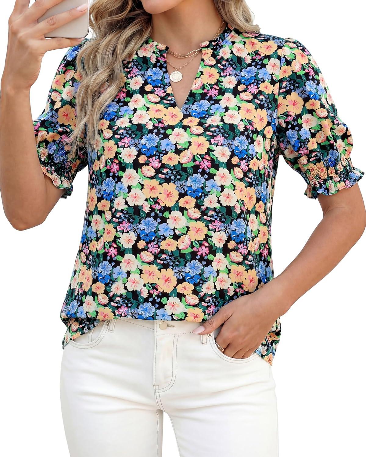 imageBTFBM Summer Blouses for Women Dressy Casual 2026 Fashion Spring Tops Floral Boho V Neck Puff Short Sleeve Top ShirtsFloral Black Apricot