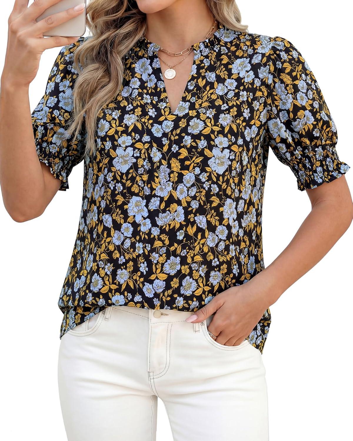 imageBTFBM Summer Blouses for Women Dressy Casual 2026 Fashion Spring Tops Floral Boho V Neck Puff Short Sleeve Top ShirtsFloral Black Blue