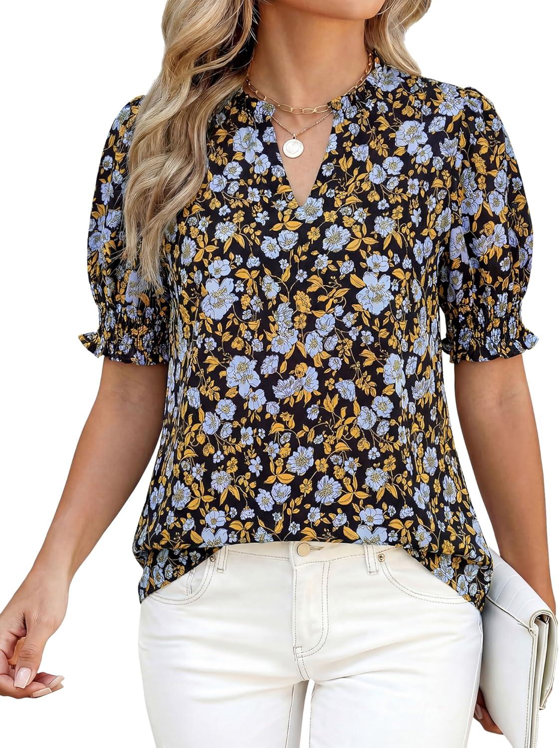 imageBTFBM Summer Blouses for Women Dressy Casual 2026 Fashion Spring Tops Floral Boho V Neck Puff Short Sleeve Top ShirtsFloral Black Blue