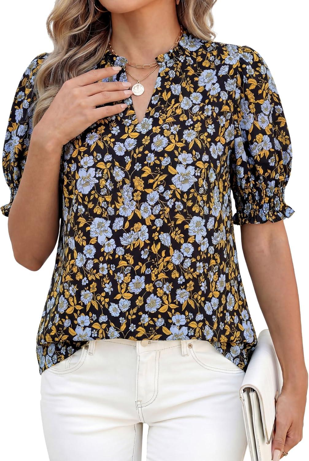 imageBTFBM Summer Blouses for Women Dressy Casual 2026 Fashion Spring Tops Floral Boho V Neck Puff Short Sleeve Top ShirtsFloral Black Blue