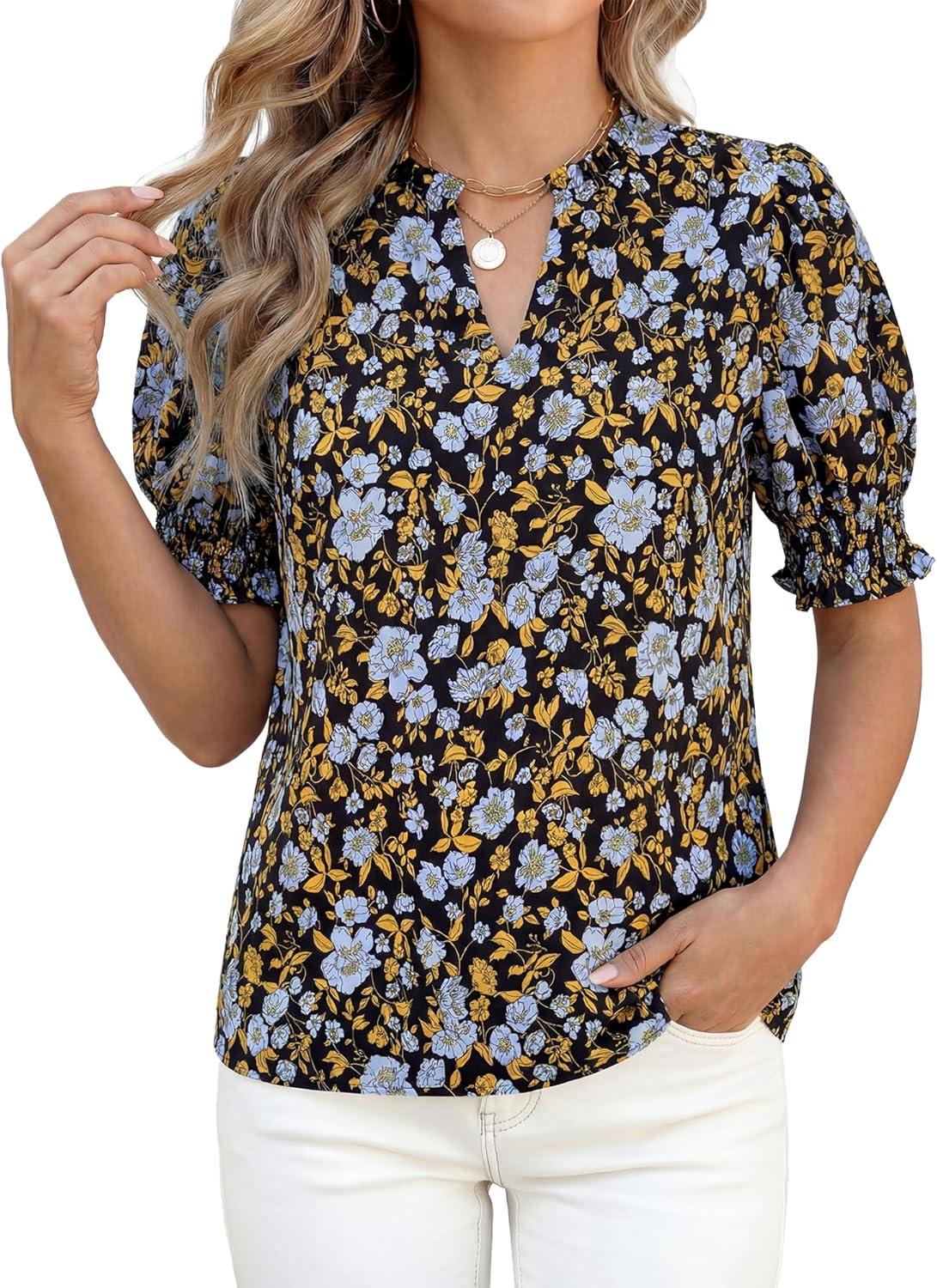 imageBTFBM Summer Blouses for Women Dressy Casual 2026 Fashion Spring Tops Floral Boho V Neck Puff Short Sleeve Top ShirtsFloral Black Blue