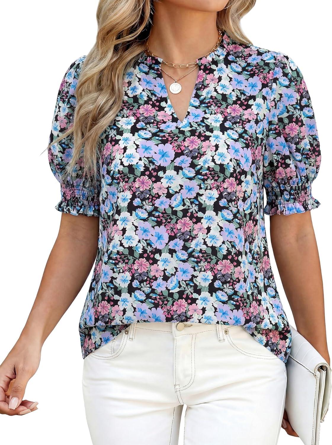 imageBTFBM Summer Blouses for Women Dressy Casual 2026 Fashion Spring Tops Floral Boho V Neck Puff Short Sleeve Top ShirtsFloral Black Purple Pink