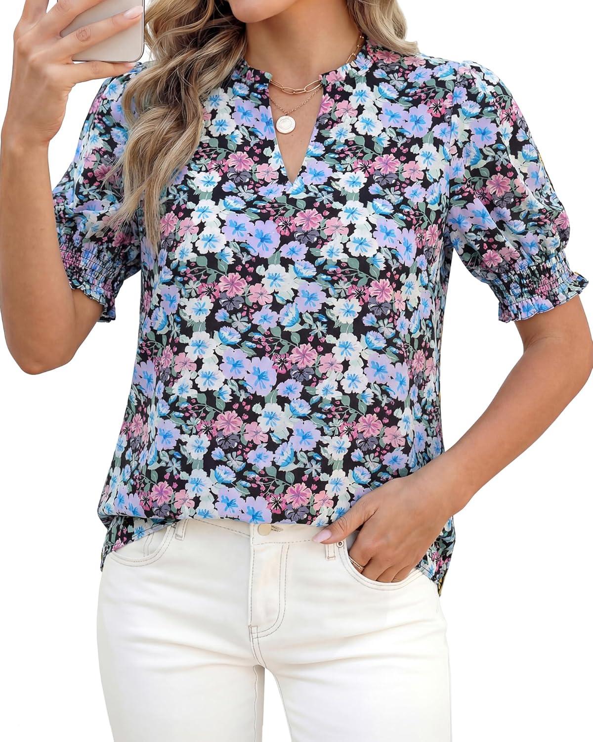 imageBTFBM Summer Blouses for Women Dressy Casual 2026 Fashion Spring Tops Floral Boho V Neck Puff Short Sleeve Top ShirtsFloral Black Purple Pink