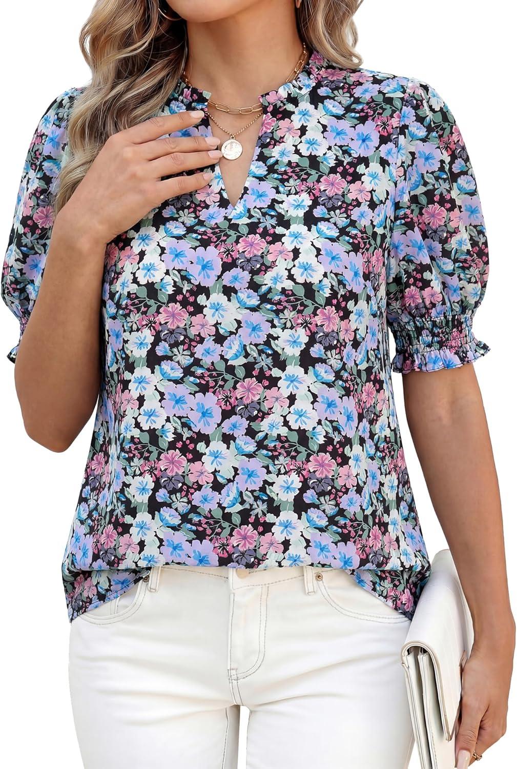 imageBTFBM Summer Blouses for Women Dressy Casual 2026 Fashion Spring Tops Floral Boho V Neck Puff Short Sleeve Top ShirtsFloral Black Purple Pink