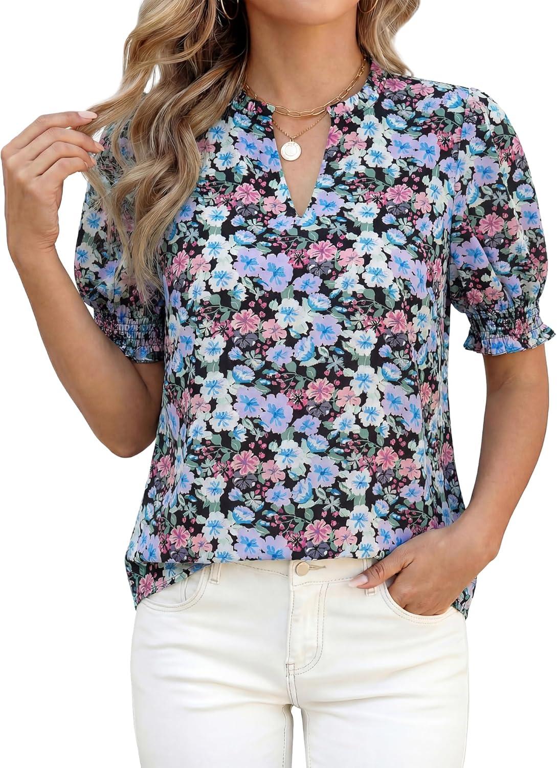 imageBTFBM Summer Blouses for Women Dressy Casual 2026 Fashion Spring Tops Floral Boho V Neck Puff Short Sleeve Top ShirtsFloral Black Purple Pink