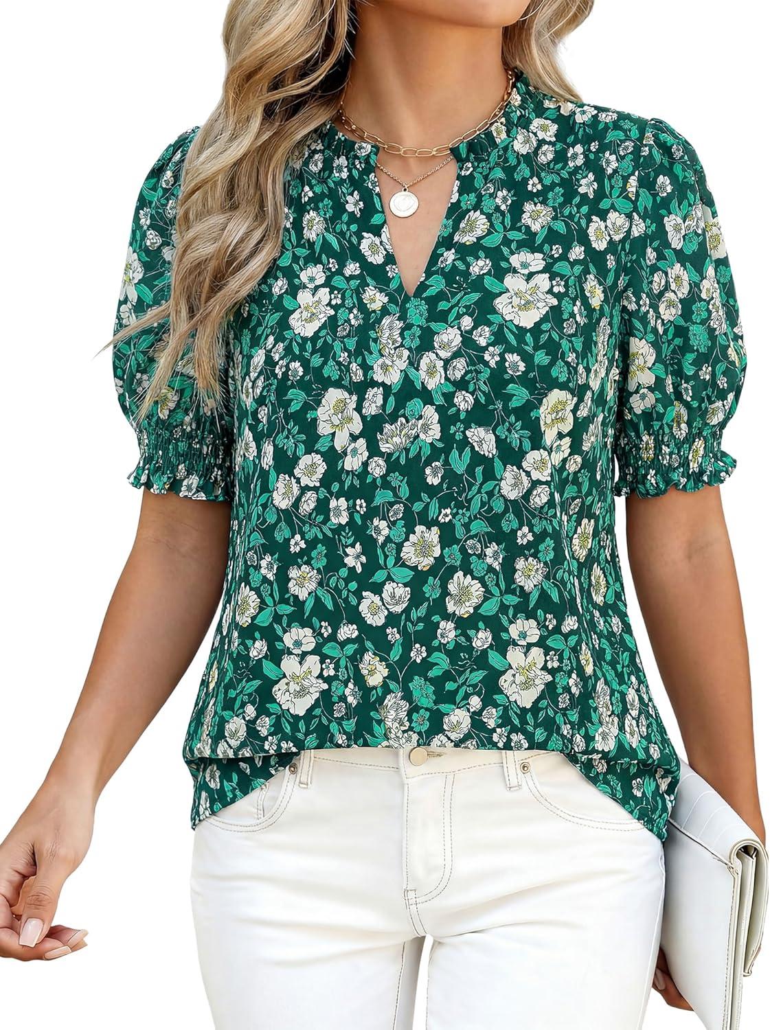 imageBTFBM Summer Blouses for Women Dressy Casual 2026 Fashion Spring Tops Floral Boho V Neck Puff Short Sleeve Top ShirtsFloral Dark Green