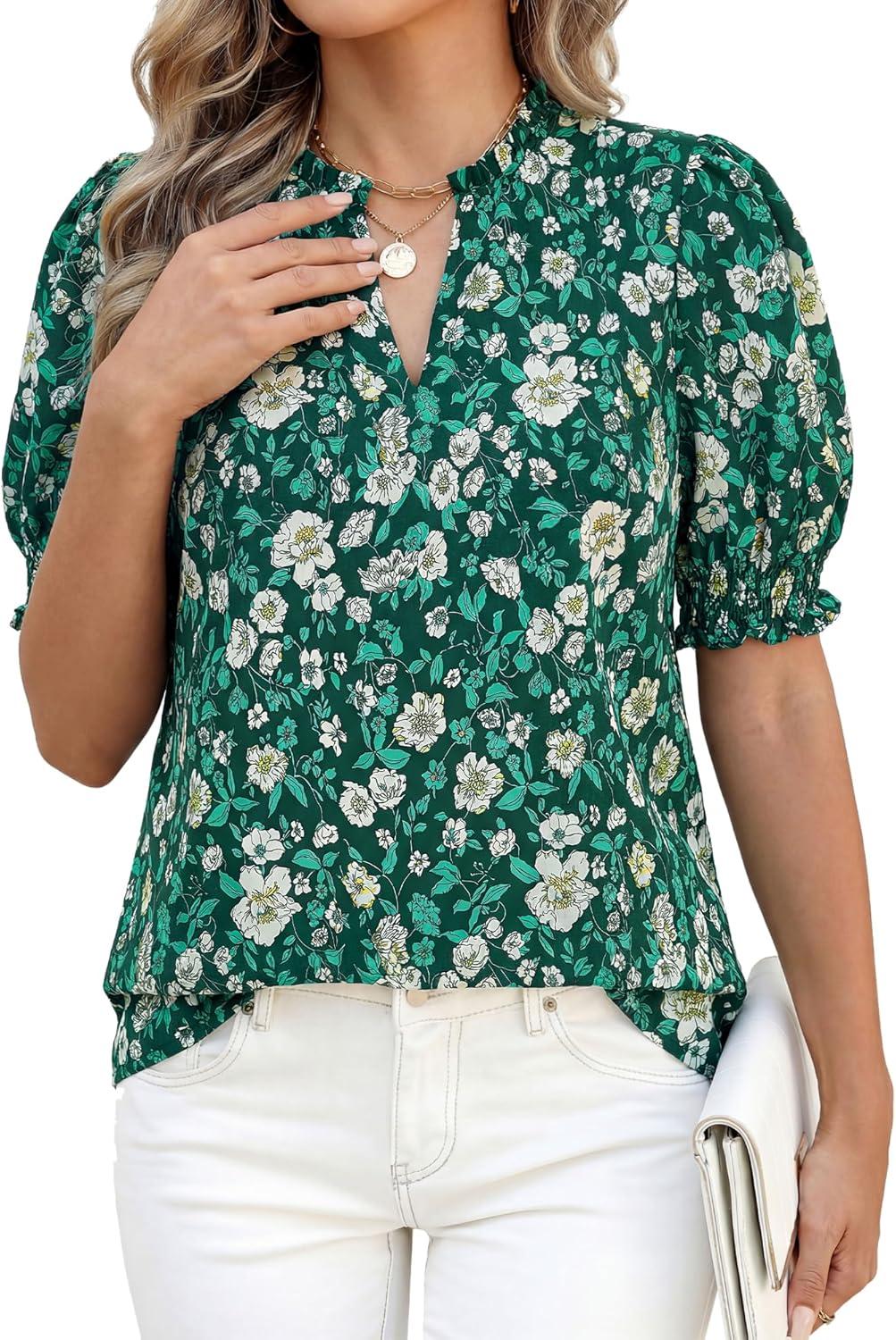 imageBTFBM Summer Blouses for Women Dressy Casual 2026 Fashion Spring Tops Floral Boho V Neck Puff Short Sleeve Top ShirtsFloral Dark Green