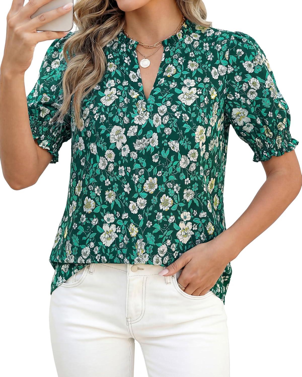 imageBTFBM Summer Blouses for Women Dressy Casual 2026 Fashion Spring Tops Floral Boho V Neck Puff Short Sleeve Top ShirtsFloral Dark Green