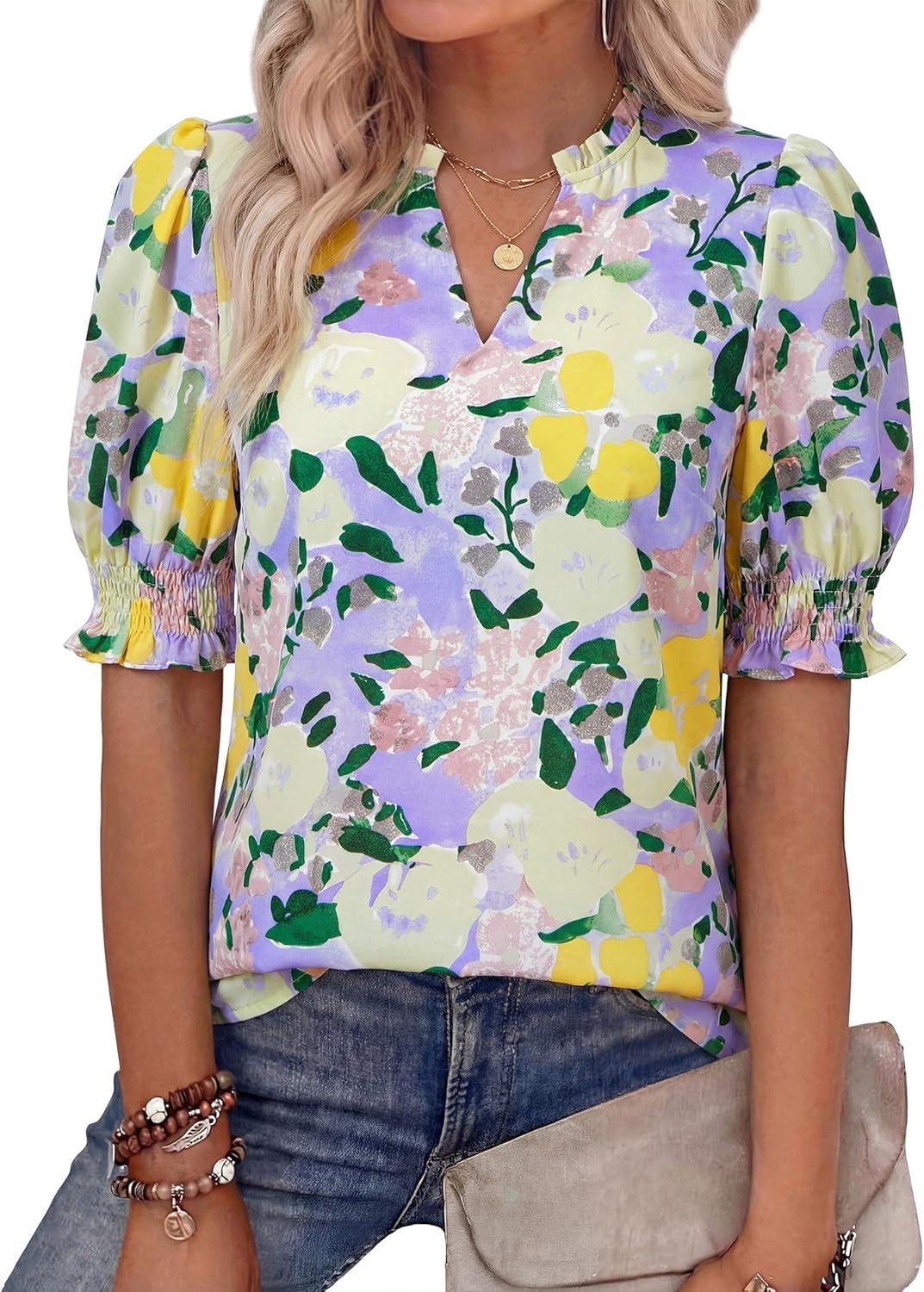imageBTFBM Summer Blouses for Women Dressy Casual 2026 Fashion Spring Tops Floral Boho V Neck Puff Short Sleeve Top ShirtsFloral Dark Green