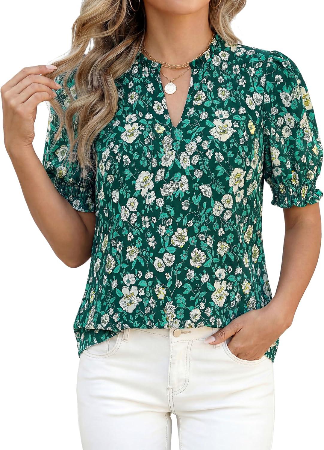 imageBTFBM Summer Blouses for Women Dressy Casual 2026 Fashion Spring Tops Floral Boho V Neck Puff Short Sleeve Top ShirtsFloral Dark Green