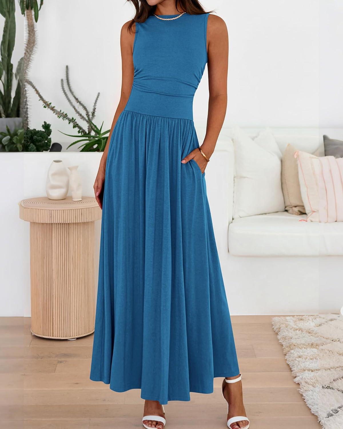 imageBTFBM Summer Maxi Dresses for Women 2026 Spring Sleeveless Casual Ruched High Waisted Long Sundress Flowy Beach DressBlue